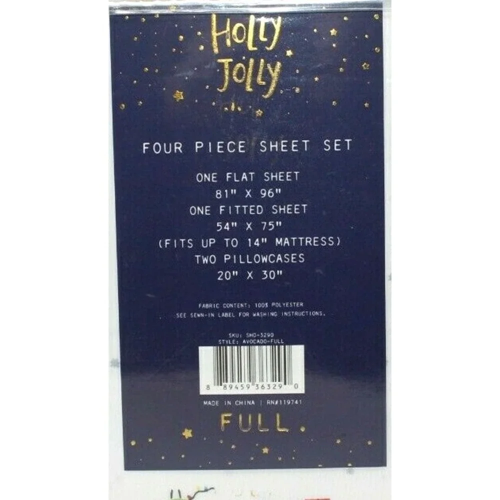 Holly Jolly FULL 4 Piece Sheet Set Christmas Santa Avocados